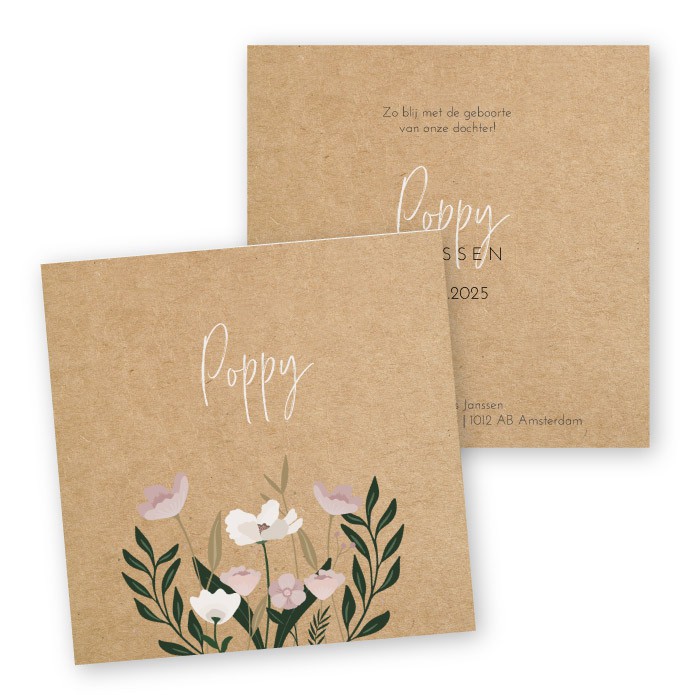 Geboortekaartje kraft karton botanisch bloemen Poppy