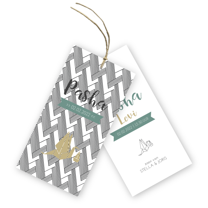 Geboortekaartje label geometrisch ooievaar Pasha