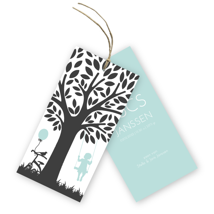 Geboortekaartje label jongen boom met schommel Lucs
