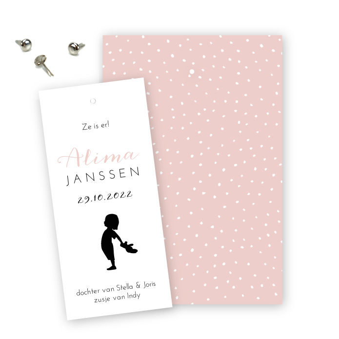 Geboortekaartje labels roze stipjes Alima