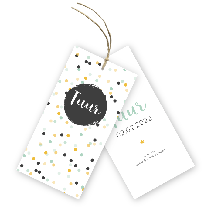 Geboortekaartje labels confetti Tuur