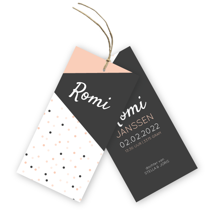 Geboortekaartje labels geometrische stipjes Romi