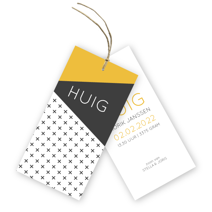 Geboortekaartje labels oker geel geometrisch Huig