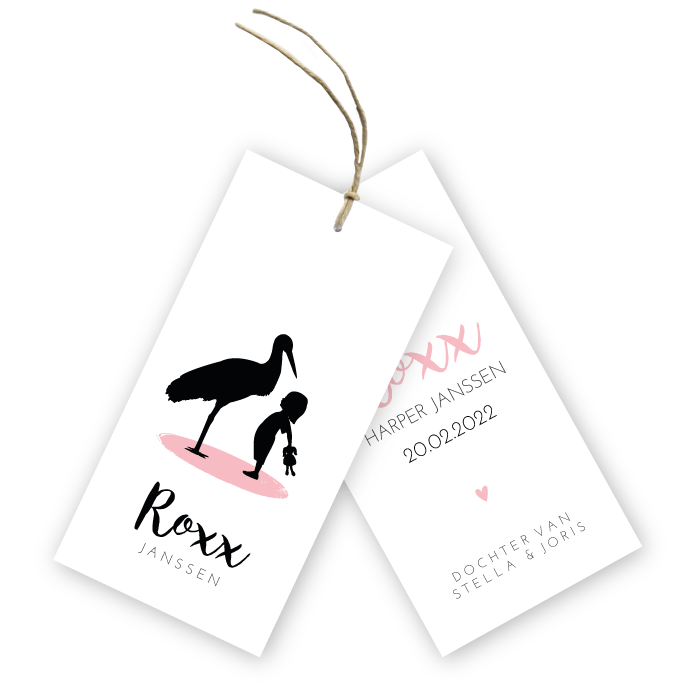Geboortekaartje label meisje met ooievaar Roxx