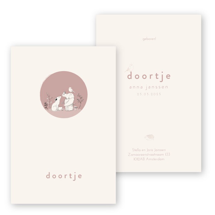 Babykaartje getekend eekhoorn en vosje Doortje