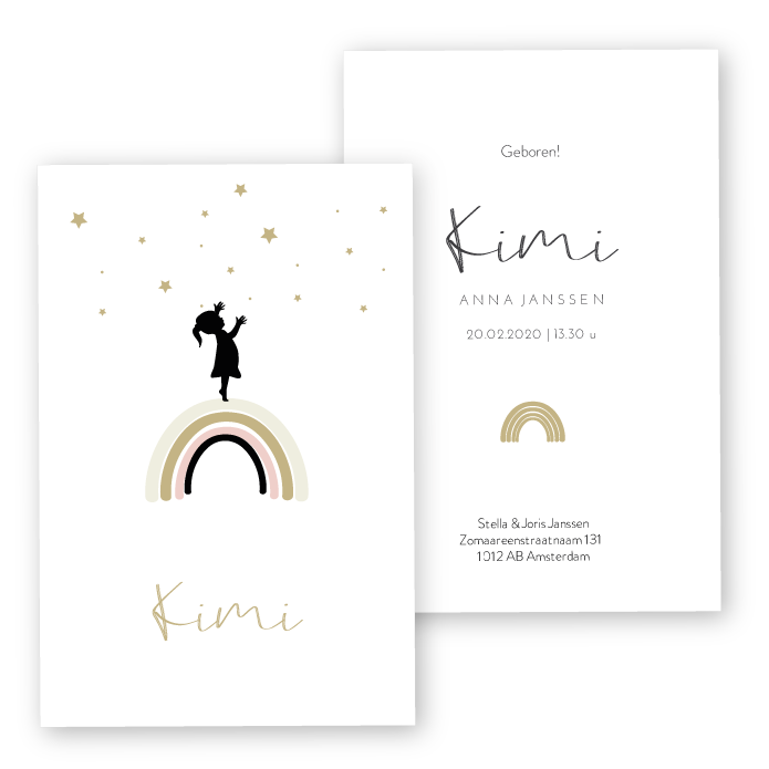 Geboortekaartje regenboog Kimi silhouetje