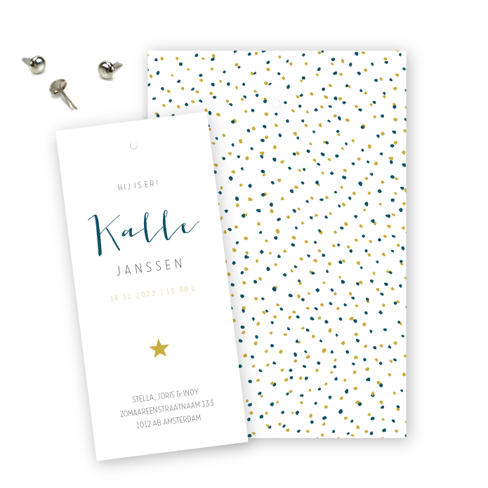 Geboortekaartje labels stipjes Kalle