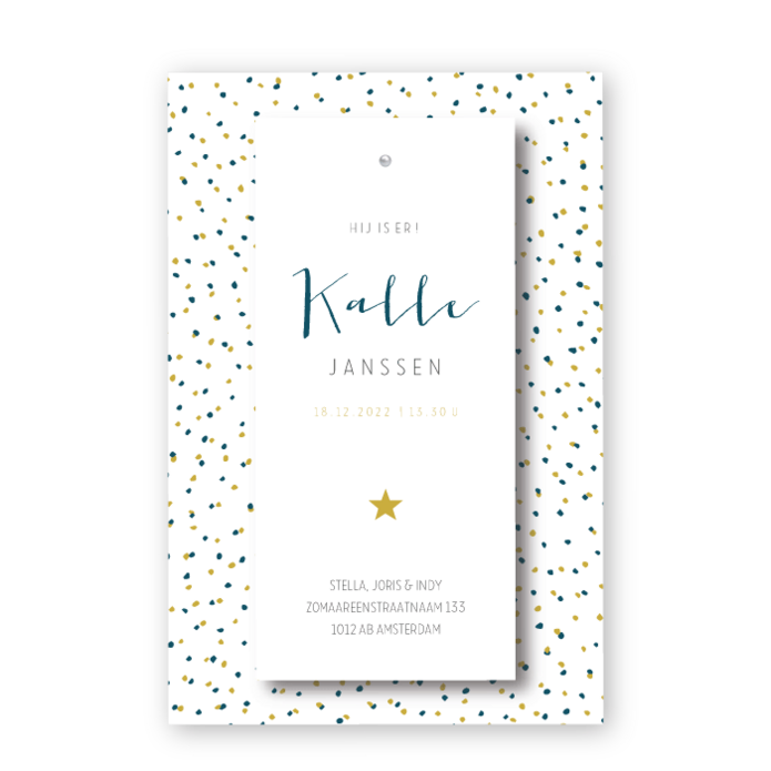 Geboortekaartje labels stipjes Kalle