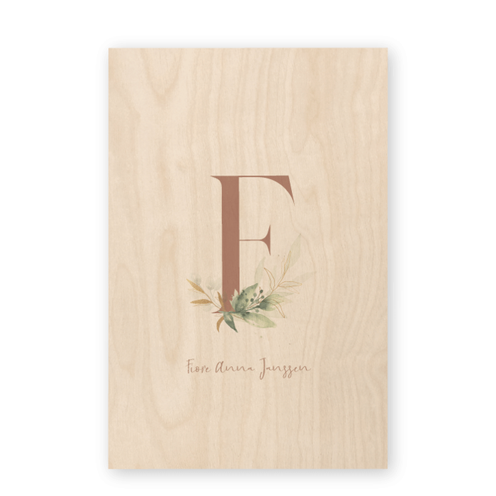 Geboortekaartje hout waterverf letter Fiore