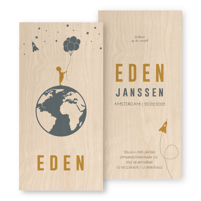 Geboortekaartje hout wereldbol Eden