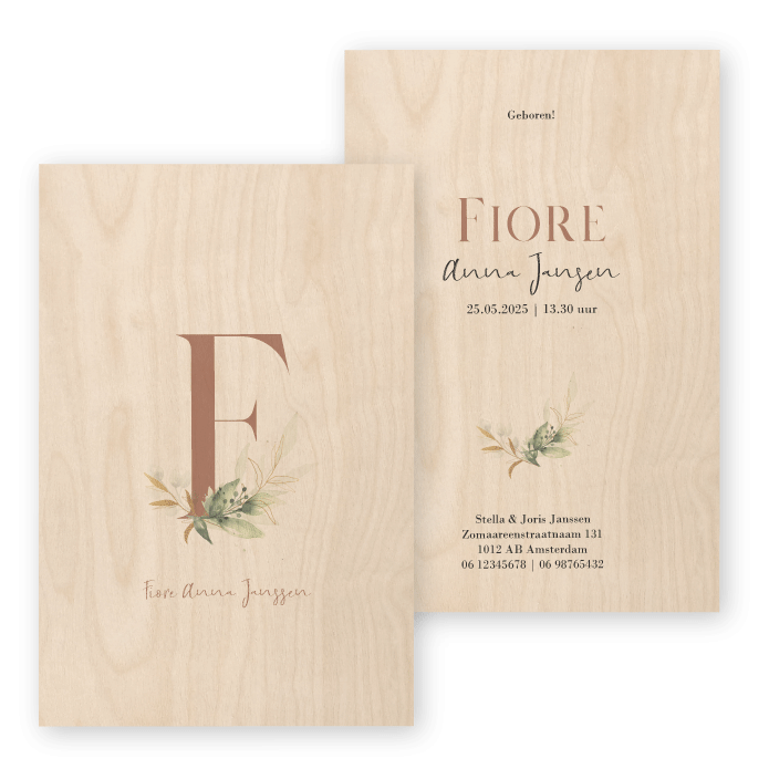 Geboortekaartje hout waterverf letter Fiore