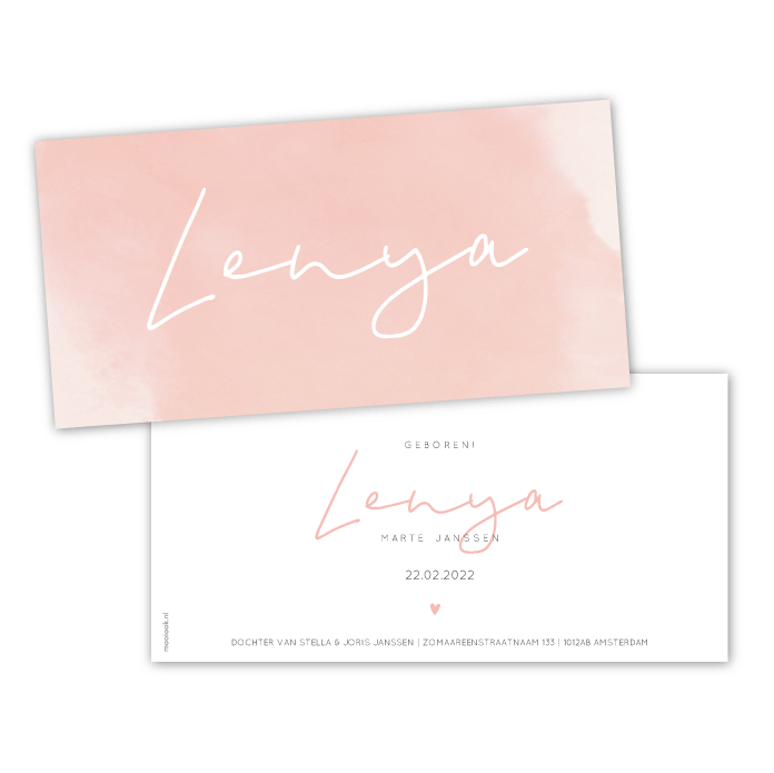 Geboortekaartje waterverf print Lenya