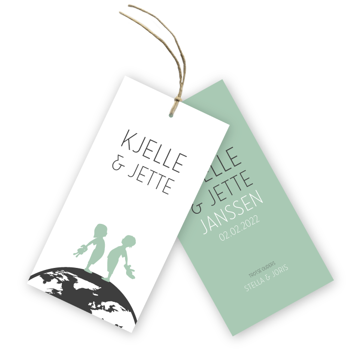 Geboortelabel wereldbol Kjelle & Jette tweeling