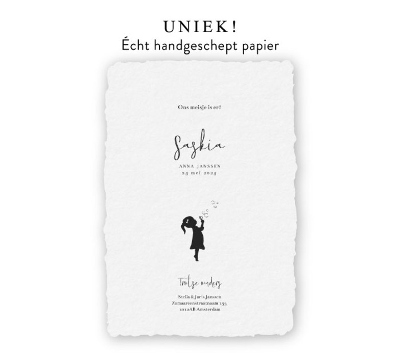 Geboortekaartje handgeschept silhouetje