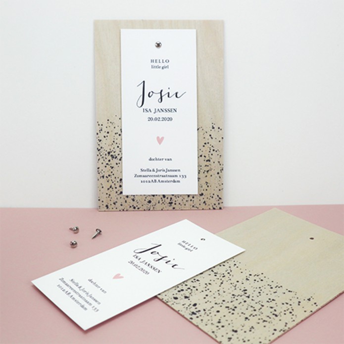 Geboortekaartje hout spetterpatroon Josie