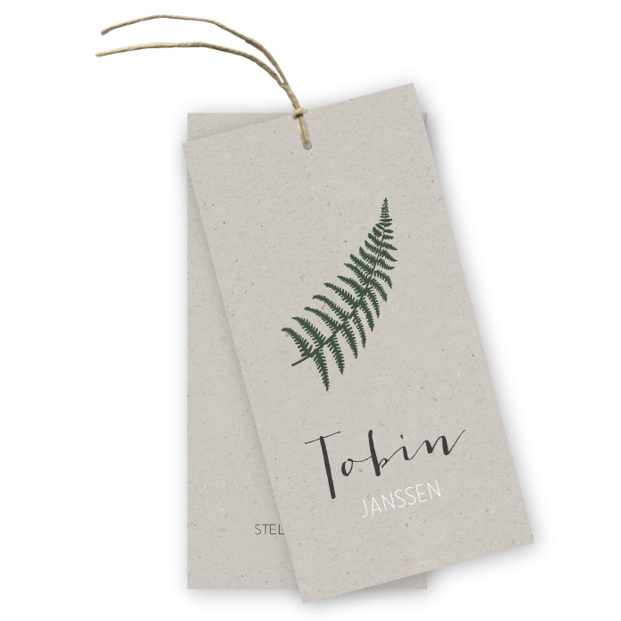 Label geboortekaartje grijs karton Varen Tobin