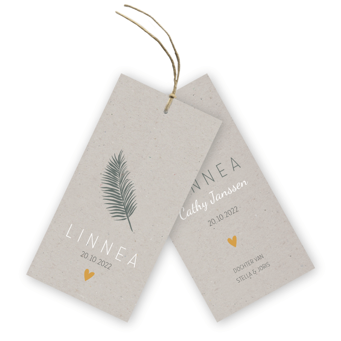 Label geboortekaartje grijs kraft palmblad Linnea
