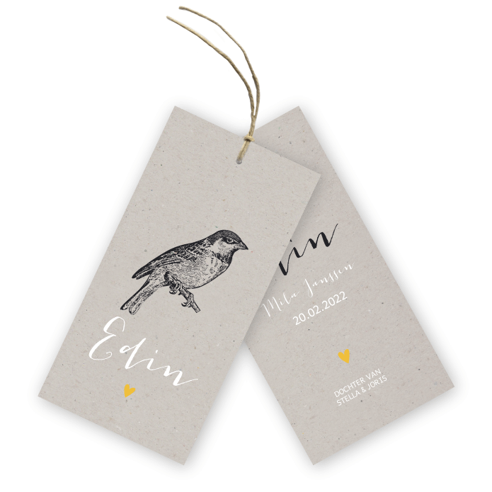 Label geboortekaartje grijs kraft vogeltje Edin