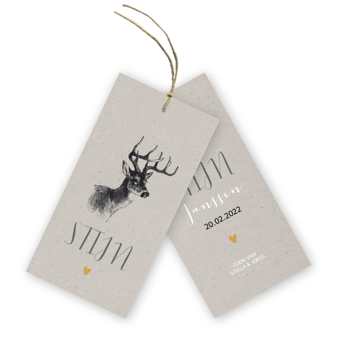 Label geboortekaartje grijs kraft hert  Stijn